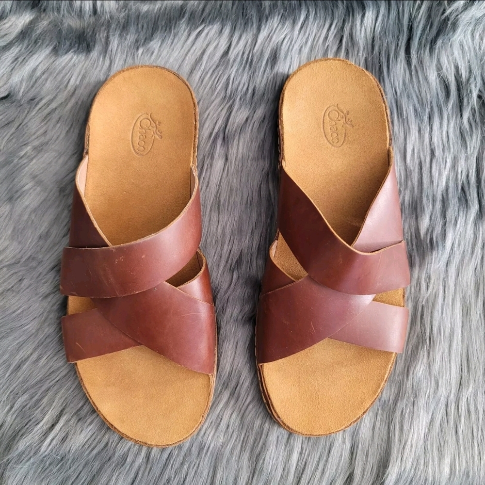 Chaco Tan Leather Slide Sandals - Picture 7 of 9